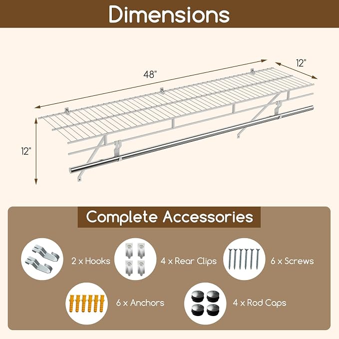 COSTWAY Closet Shelves Wall Mounted, Closet Shelf with Hanging Rod, Ventilated Metal Wire Shelving Kit, Wire Wall Shelf for Laundry Room, Bedroom, Home, Mounting Accessories Included (4 ft x 12 in)