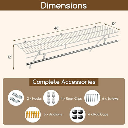 COSTWAY Closet Shelves Wall Mounted, Closet Shelf with Hanging Rod, Ventilated Metal Wire Shelving Kit, Wire Wall Shelf for Laundry Room, Bedroom, Home, Mounting Accessories Included (4 ft x 12 in)