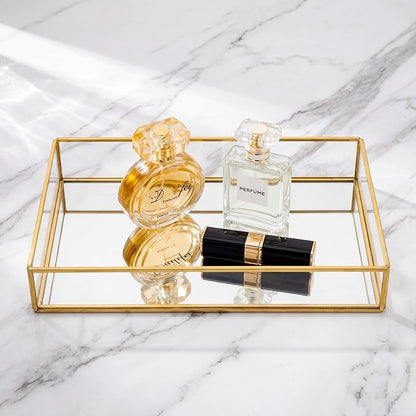 Lyellfe 2 Pack Perfume Trays, Gold Vanity Tray, Decorative Gold Mirror Tray, Non Slip Rectangular Perfume Tray, Jewelry, Bathroom