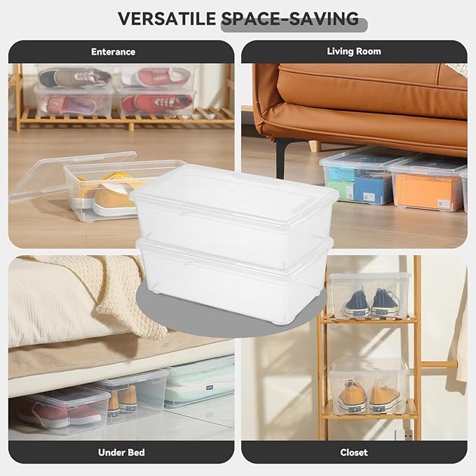 novelinks 8 Pack 6 Quart Clear Plastic Storage Bins with Lids, Stackable Shoe Boxes Plastic Storage Container, Organizer Bins for Shoes Organization (Clear)