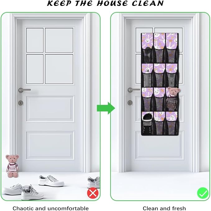 Space-Saving 12-Pocket Behind The Door Organizer, Waterproof Oxford Cloth Lightweight and Perfect for Bathroom Closet or Bedroom Use, Easter Bunny Eggs