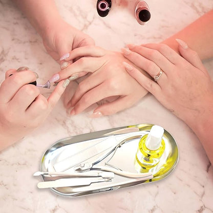 Nail Tools Silver Tray for Decor Manicure Accessory Storage Display Vanity Tray Jewelry Rhinestone Dish Cosmetics Organizer Oval Nail Art Decorative Small Storage Plate