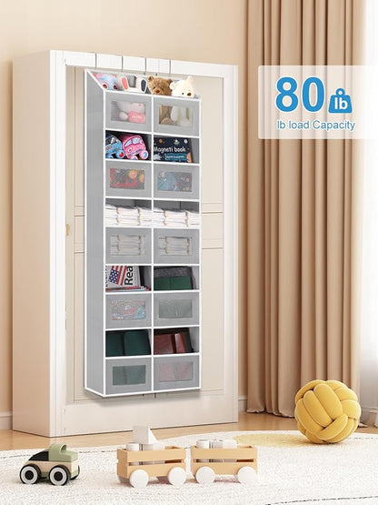 Over the Door Organizer Hanging- 10 Compartments, 80 lbs Load Behind Door Stuffed Animal Storage, Extra Large Toys Storage Organization for Bedroom, Bathroom, Closet, Nursery, Shoes, Diaper (grey)