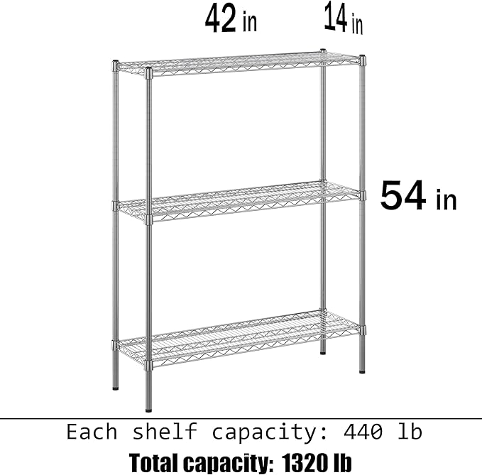 14" Deep x 42" Wide x 54" Height Wire Shelving Kit | 3-Tier | NSF Commercial Storage Rack Unit