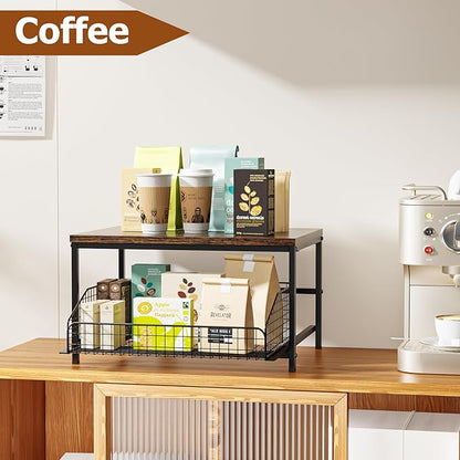 KLM Pull Out Spice Rack Organizer for Cabinet,Rustic Wood Top with Wire Basket Storage,Kitchen Countertop Organizer and Storage for Pantry, Counter top,Coffee Station Wood. (Brown)