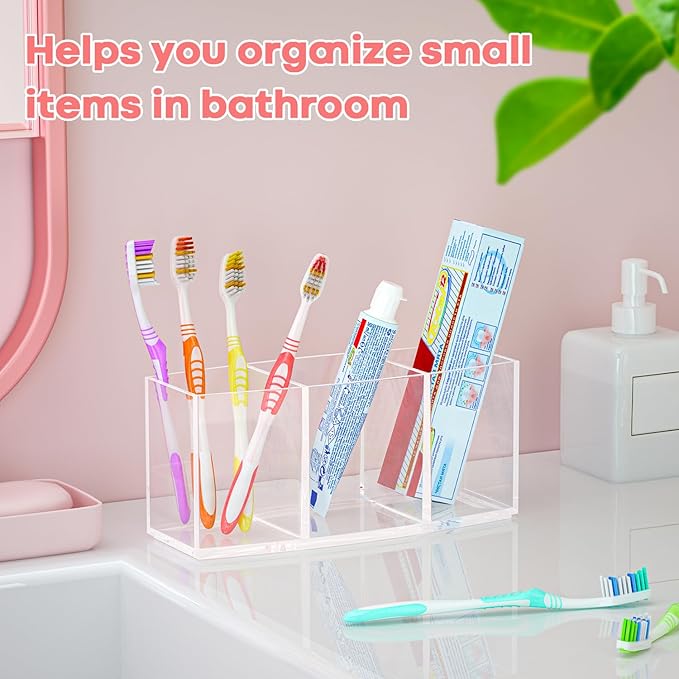 Clear Makeup Brush Organizer, Acrylic Cosmetic Brushes Storage with 3 Slots,Perfect Pen Holder for Desk