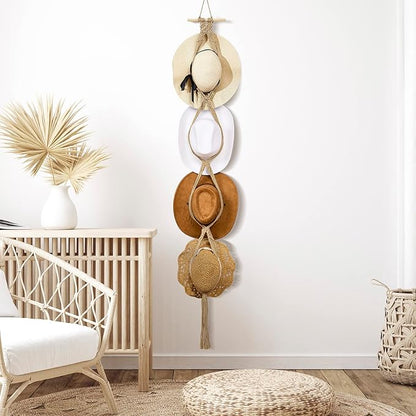 Yulejo Macrame Hat Hangers Racks Boho Cowboy Hats Holders Western Display Organizer Storage decor Back of Door for Wall(Beige,Four Hats Style)