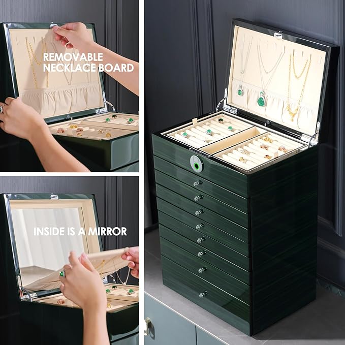 Wooden Jewelry Box Fingerprint Lockable 9-Layers Extra Large Capacity Jewelry Cabinet for Necklace/Rings/Pendants/Bracelets/Watches/Sunglasses Storage&Organizer Women Gifts (Greenwood)