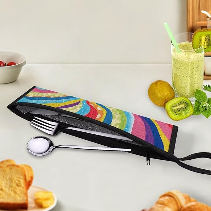 Portable Travel Tableware Box Colorful Stripes Flatware Storage Box Case Travel Utensils Cutlery Case with Bag for Fork Spoon Chopsticks