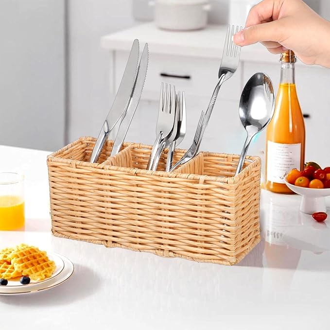 Ptwola Wicker Flatware Silverware Caddies Woven Kitchen Cutlery Organizer Utensil Holder Party Condiment Storage Carrier Basket for Table Countertop Holds Forks Knives Spoons Napkins
