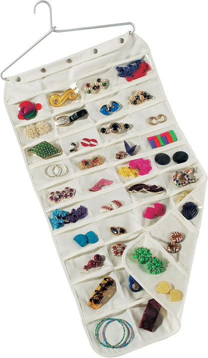 Household Essentials 80-Pocket Hanging Jewelry and Accessories Organizer, Natural Canvas,White, 5"