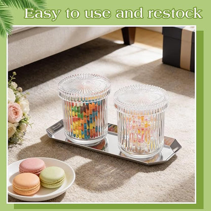 2 Pcs Crystal Glass Candy Jars Set with Lids and Stainless Steel Vanity Tray, Q tip Holder, Apothecary Jars, Glass Bathroom Accessories Organizer, Esthetic Modern Bathroom Decor(Clear)