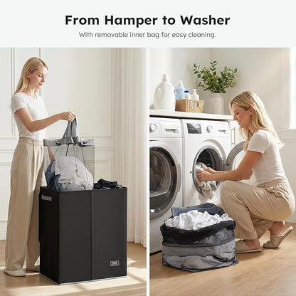 SOLEDI Double Laundry Hamper with Lid and Removable Laundry Bags,Divided Laundry Bin - Large Clothes Hamper 2 Section - Collapsible Laundry Baskets for Bedroom, Bathroom, Laundry Room,Black