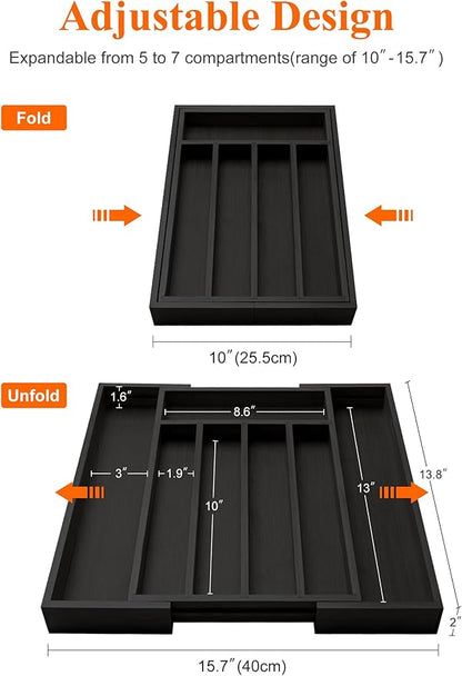Bamboo Kitchen Drawer Organizer Tray Black Expandable Spoon Silverware Organizer Large Utensil Holder Drawers Divider Adjustable Cutlery Flatware Organizers for Drawer Wood Utensil Silverware Tray