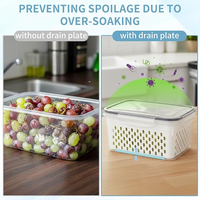 Grape Container for Fridge,3PCS(0.9Qt - 13.5Qt),Leakproof Grape Container with Removable Colander,Dishwasher & microwave safe Produce Containers,Keep Fruits, Vegetables, Meat Fresh Longer