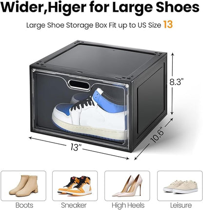 Amllas 8 Pack Shoe Boxes Black Plastic Stackable, Large Shoe Storage Organizer,Drop Side Front Shoe Containers for Entryway,Sneaker Storage Fit up to US Size 13 for Men/Women(13’’x 10.6”x 8.3”)