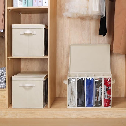 Zilink Upgraded Clothes Organizers with Lids and Support Boards Large Sweater Organizer for Closet Shelf with 5 Grids Divider Wardrobe Organizer for Sweaters, Jeans, Pants, Beige, 3 Pack
