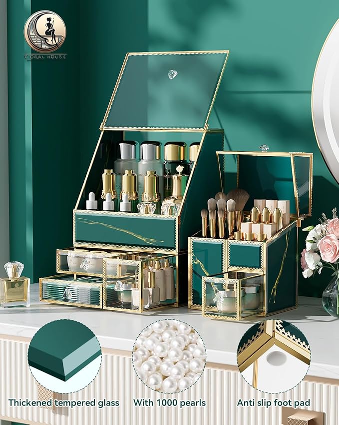 CoralHouse Makeup Organizer Green– Large Vanity Organizer for Skincare, Lipsticks, Perfume & Brushes – Countertop Cosmetic Storage Box for Women, Bathroom or Dresser.