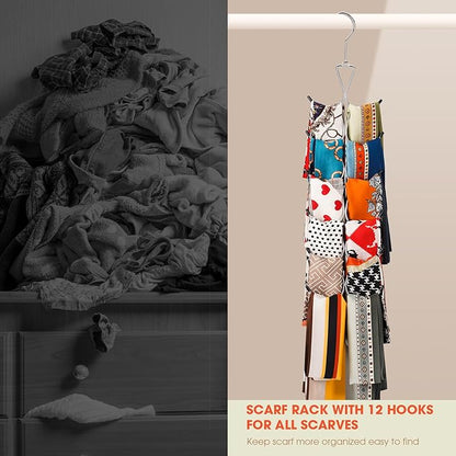Scarf Hanger 12 Storages,Scarf Organizer with 360 Swivel Hook,Legging Organizer for Closet,Closet Organizer for Scarves, Shawl,Belt,Purse & Baseball Cap