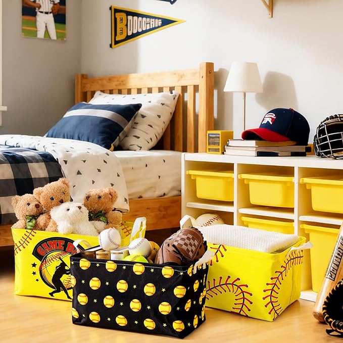CHENGU 3 Pcs Softball Baskets Storage Bin Easter Basket for Gifts Collapsible Waterproof Canvas Cube Sports Storage Softball Organizer with Handles for Clothes Toys Balls Shelf Nursery Boxes Decor