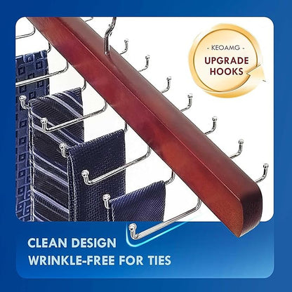 Tie Rack Hanger for Closet, Wooden Tie Hangers for Men with 18 Folding Hooks, Space Saving Tie Holder Neck Tie Organizer for Men Ties, Belts, Bras, Scarves, Tank Tops (Mahogany)
