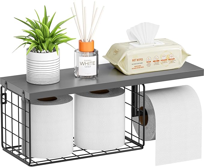 VITVITI Toilet Paper Holder with Shelf, Wall Mounted Toilet Paper Storage Basket, Wood Metal Toilet Roll and Wipes Holder for Bathroom Farmhouse (Gray)