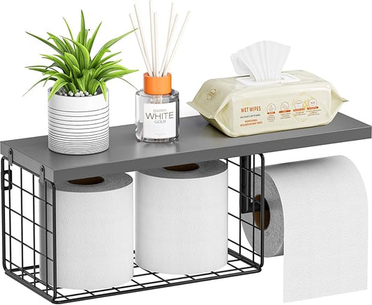 VITVITI Toilet Paper Holder with Shelf, Wall Mounted Toilet Paper Storage Basket, Wood Metal Toilet Roll and Wipes Holder for Bathroom Farmhouse (Gray)