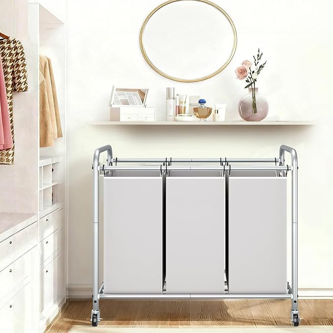 STORAGE MANIAC 3 Section Laundry Sorter, 35.6 Gal (135 L) Laundry Hamper Cart with Heavy Duty Rolling Lockable Wheels and Removable Bags, Clothes Organizer Basket Clothes Separator Hamper, Gray