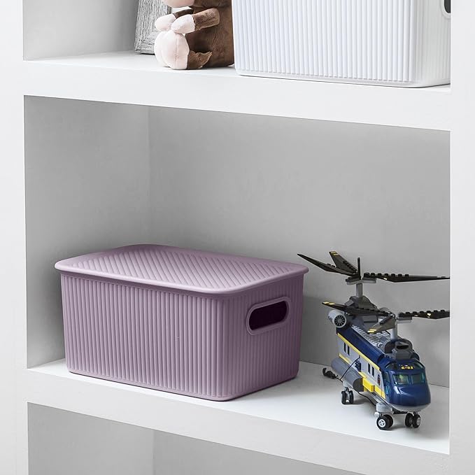 Decorative Plastic Basket Lidded Home Storage Bins Organizer, Medium Lilac Purple (1 Pack - 5 Liter) Stackable Container Box, for Organizing Closet Storage Bins for Shelves - Ribbed Collection