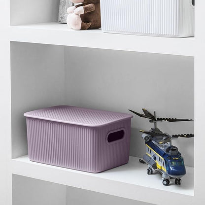 Decorative Plastic Basket Lidded Home Storage Bins Organizer, Medium Lilac Purple (1 Pack - 5 Liter) Stackable Container Box, for Organizing Closet Storage Bins for Shelves - Ribbed Collection