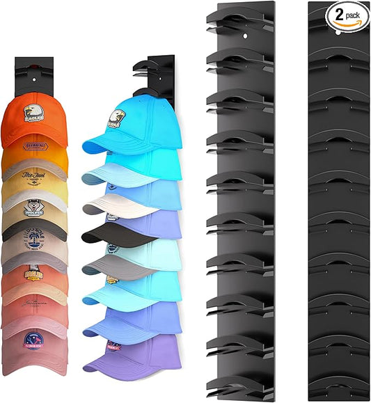 Hat Organizer for Baseball Caps 2Pack, Hat Rack for Wall with Strong Adhesive Hold up to 20 Hats, Hat Hanger Holder Display for Door Closet, Cap Organizer Storage Multilayer Two Mounting Option(Black)