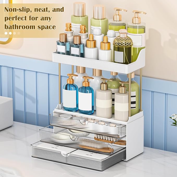 caktraie Bathroom Organizers and Storage - 3 Drawers 2 Tier Makeup Organizer, Cosmetic Storage Drawer for Dresser Countertop and Bathroom Vanity for Large Skincare, Perfume, Grey