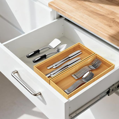 Bamboo Drawer Organizer, Stackable Utensil Trays for Kitchen, Wood Silverware Organizer for Drawer, Set of 2-15"x6"x2"