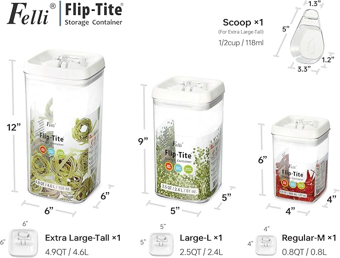 Felli Flip Tite Acrylic Food Storage Container with Lid 6” XL Air Tight Ring Seal Flip Top, Plastic Kitchen Baking Canister for 5 lb Flour Sugar Rice Protein Powder Pantry Organizer (Nest-M, White)
