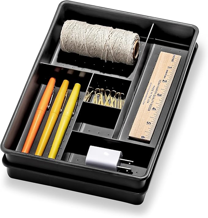madesmart Two-Piece Drawer Organizer, 12-Compartment Drawer Storage for Utensils, Tools & Household Essentials, Durable Non-Slip Design, Carbon