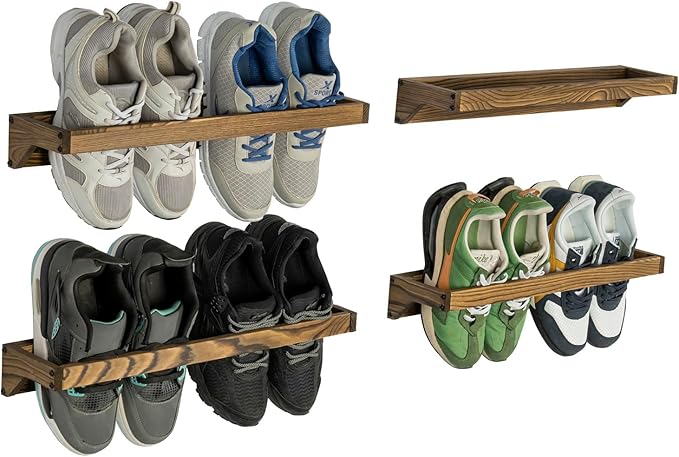 MyGift Set of 4 Rustic Burnt Solid Wood Hanging Shoe Storage Organizer Racks, Wall Mounted Space Saving Footwear Holder for Closet, Mudroom, Entryway, Holds 8 Pairs