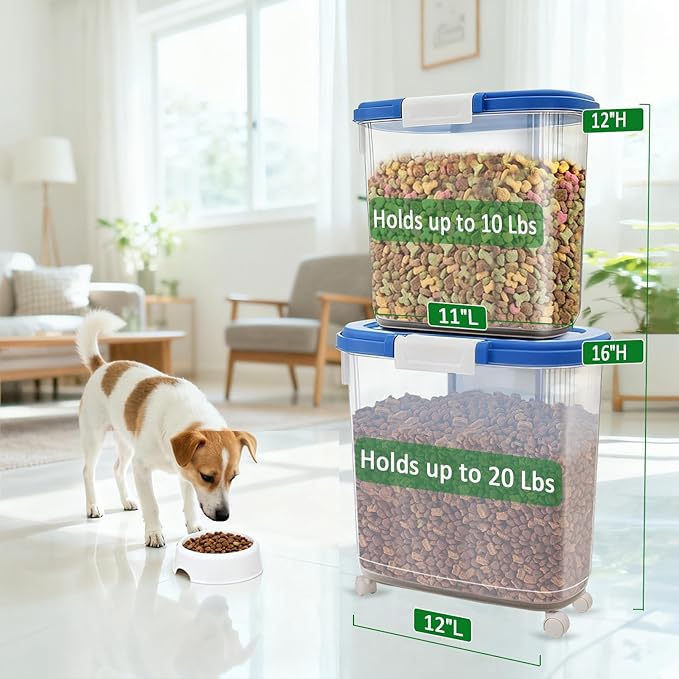Large Rice Storage Container 30 Lbs with Wheel - Airtight Flour Food Container 15 Lbs with Lid, Scoop, Cup - Plastic Food Storage Bin for Cereal, Sugar, Beans, Dog, Cat, Pet Foods