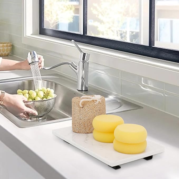 Bathroom Vanity Tray and White Marble Kitchen Soap Tray, Luxurious Small Accessory for Table/Countertop (Black-Rectangle, 10" x 6" x 1")