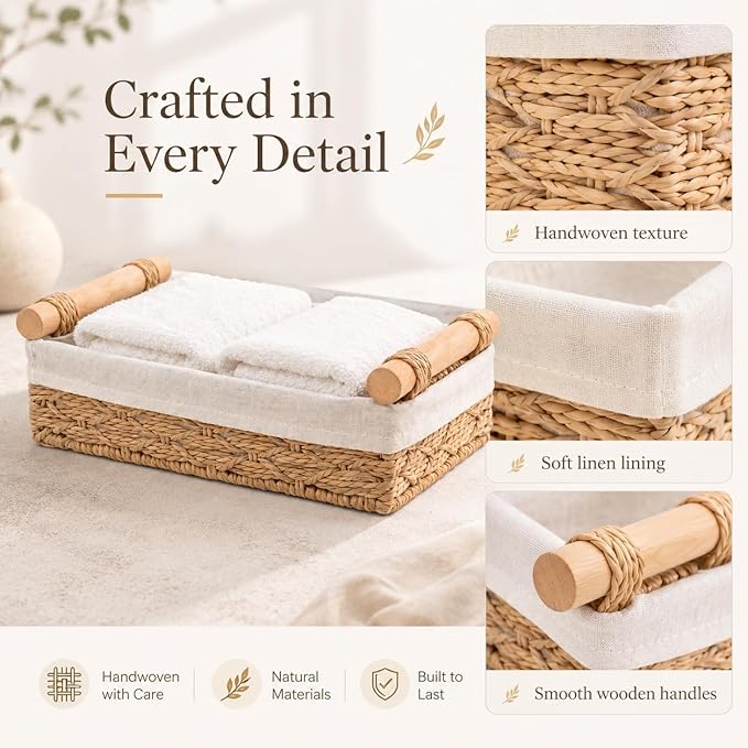 Wicker Bathroom Baskets Set of 2 with Linen Liner & Wooden Handles – Paper Rope Storage Baskets for Shelves, Bathroom Counter, Vanity & Farmhouse Décor