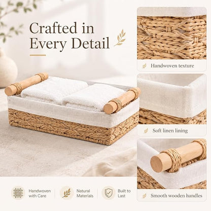 Wicker Bathroom Baskets Set of 2 with Linen Liner & Wooden Handles – Paper Rope Storage Baskets for Shelves, Bathroom Counter, Vanity & Farmhouse Décor