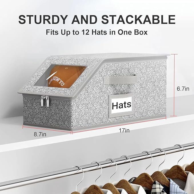 1 Pack Hat Organizer for Baseball Caps, Stackable Hat Storage Box for Closet, Cap Organizer & Cowboy Hat Case, Dustproof Hat Holder for Snapback Trucker Hats, Grey Hat Box