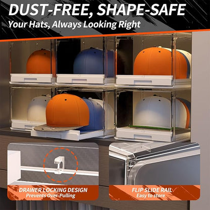 2 Pack Hat Organizer for Baseball Caps, Clear Hats Holder Box with Drawer for Closet, Large Cap Storage with Sliding Tray, Stackable Rack Display Case with Magnetic Door, Each Holds 12 Hats