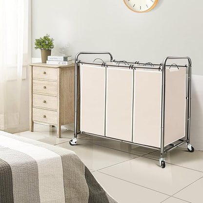 STO STO Laundry Sorter 3 Section, 3 Bag Clothes Hamper, Rolling Laundry Cart Basket with Heavy Duty Lockable Wheels and Removable Bag for Laundry Room, Bedroom, Closet, Beige