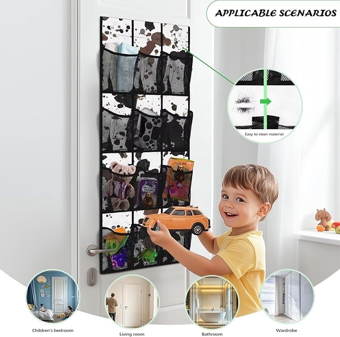 Cowhide Pattern Door Hanger Organizer Mesh Fabric 12 Pockets Over The Door Shoe Organizer for Camping White Wall Hanging Storage for Bathroom