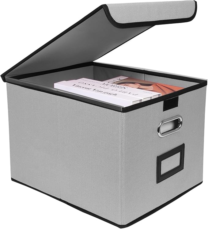 File Storage Box with Lid, 15.55x12.87x10.43 Inches, Foldable Organizer with Handles & Label Slot, for File Storage, Home, Office, and Closet Organization(Grey)