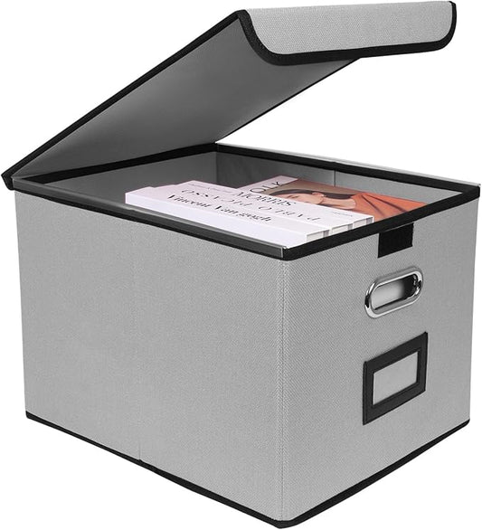 File Storage Box with Lid, 15.55x12.87x10.43 Inches, Foldable Organizer with Handles & Label Slot, for File Storage, Home, Office, and Closet Organization(Grey)