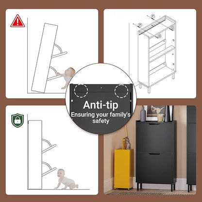 Haotian Slim Shoe Cabinet Entryway, Hidden Shoe Storage with Two Flip Drawers to Save Space, Freestanding Shoe Rack for Front Door, Entryway, Hallway (Black)