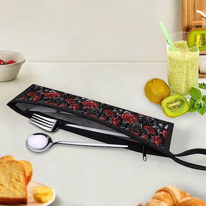 COEQINE Vintage Rose Flower Halloween Utensil Case Holder Lightweight Gothic Style Lightweight Portable Kitchen Utensil Case With Zipper Foldable