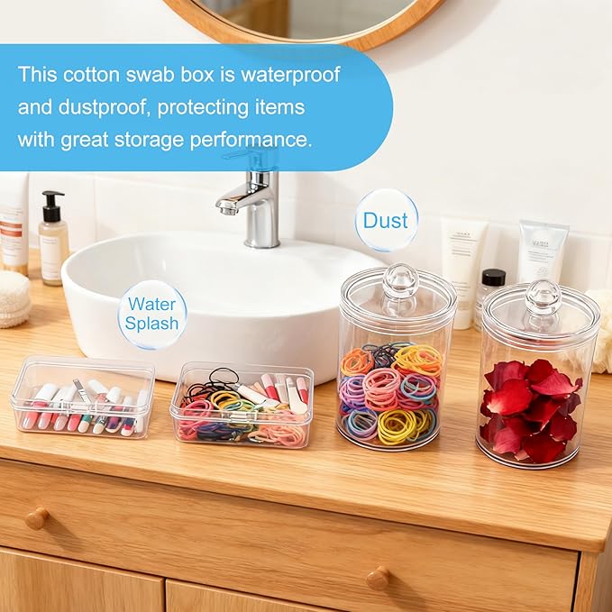 4 Pcs Qtip Holder Dispenser, 2Pcs Clear Acrylic Qtip Dispenser Apothecary Jars with Lids and 2Pcs Portable Travel Cotton Pad Holder for Cotton Ball, Swab,Pads, Rounds,Floss Picks, Hair Clips