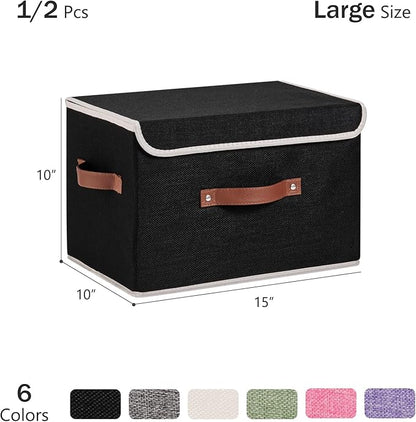 2PCS Storage Bins Box with Lids Decorative Cotton Linen Fabric Baskets Cubes with Handles PP Plastic Board Foldable Washable Lidded Clothing Shelf Closet Organizer Container (Black, Large)